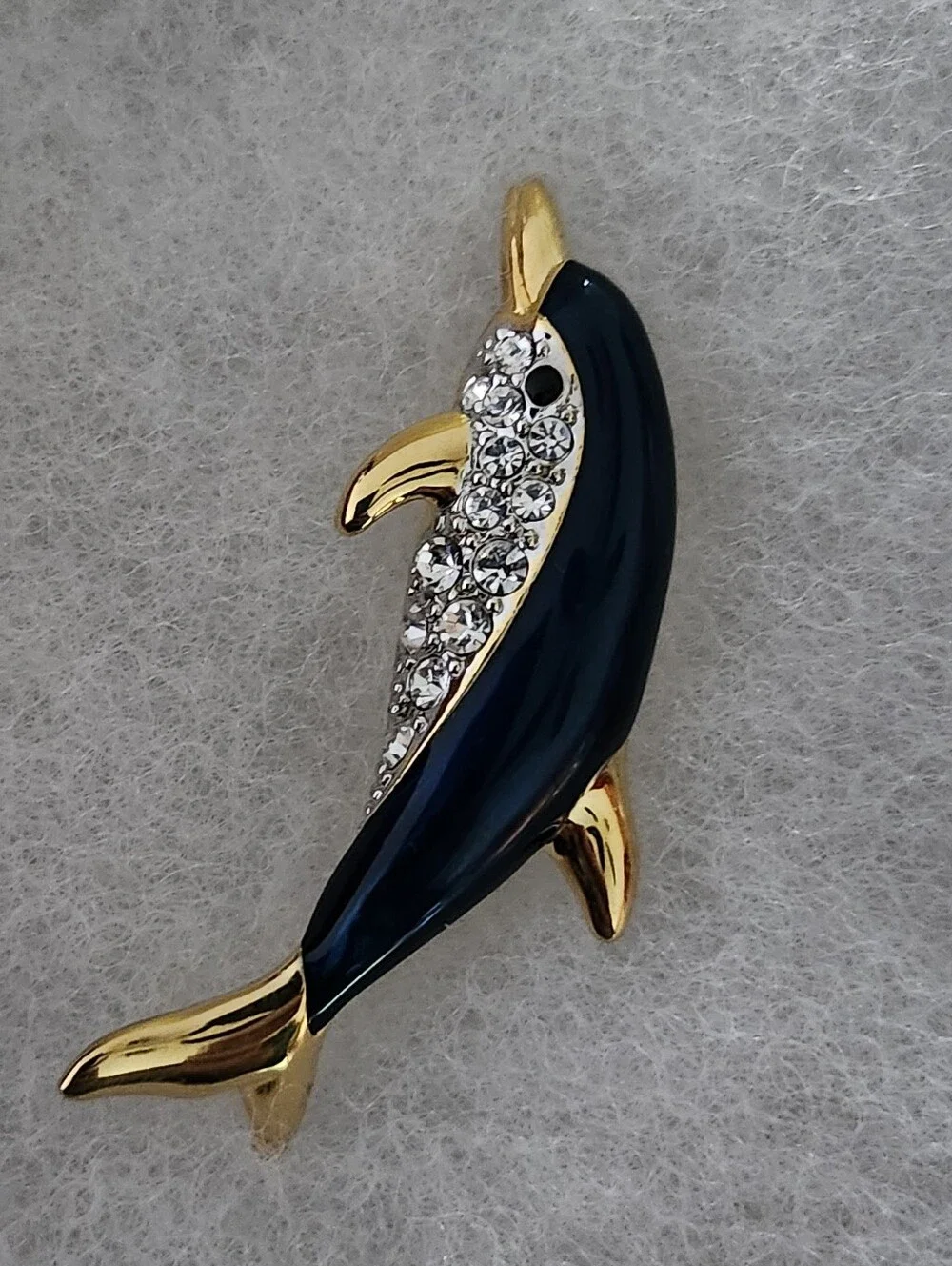 Dolphin Rhinestone Enamel Brooch - Blue & Gold Tone